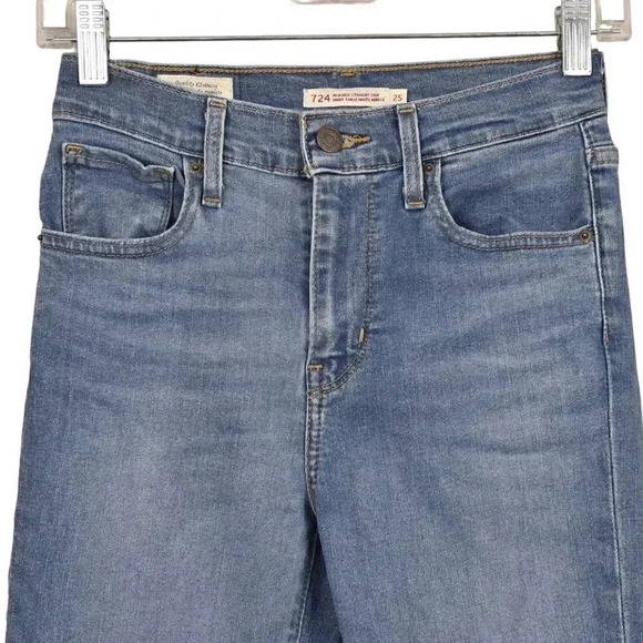 Levi's Premium Jeans 724 High Rise Slim  Straight Crop Jean Blue Raw Hem Size 25 - Picture 6 of 16